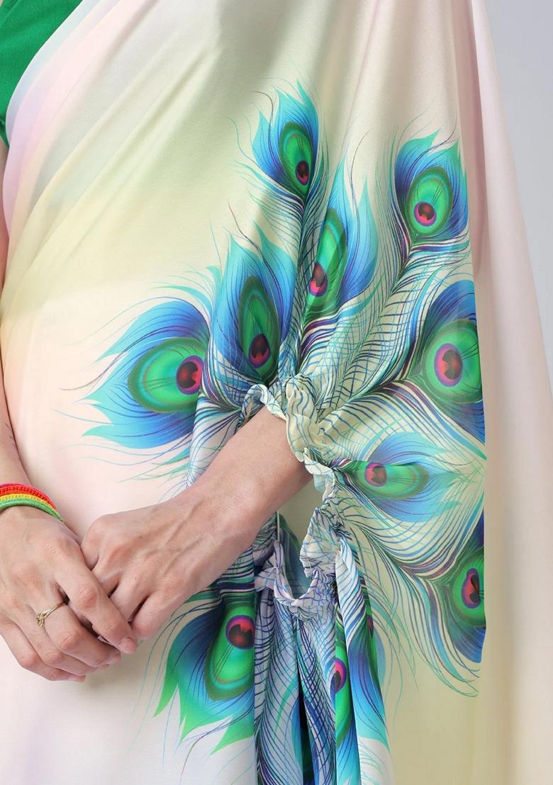 Multicolor Machine Embroidered Crepe Saree Set