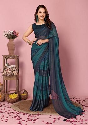 Blue Machine Embroidered Nylon Saree Set