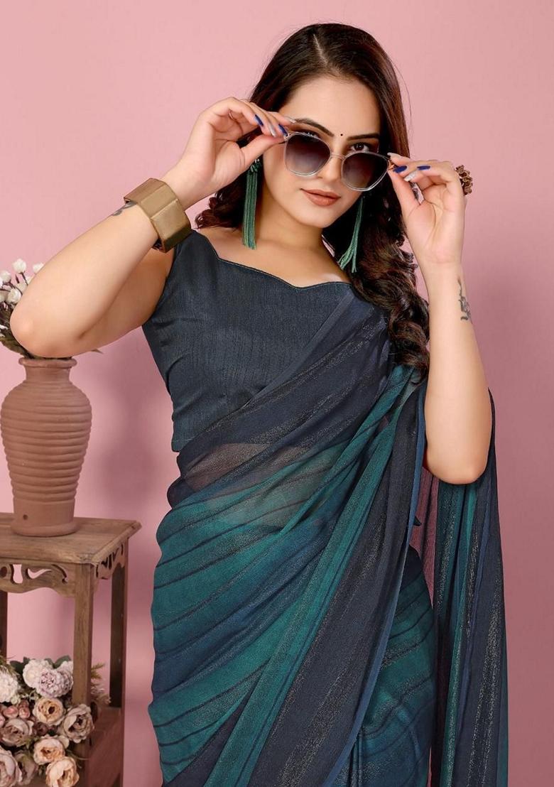 Blue Machine Embroidered Nylon Saree Set