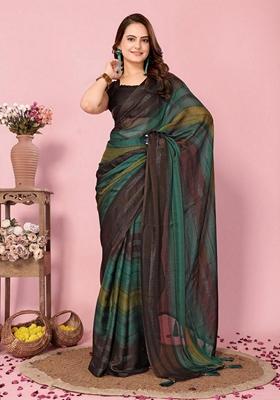 Brown Machine Embroidered Nylon Saree Set