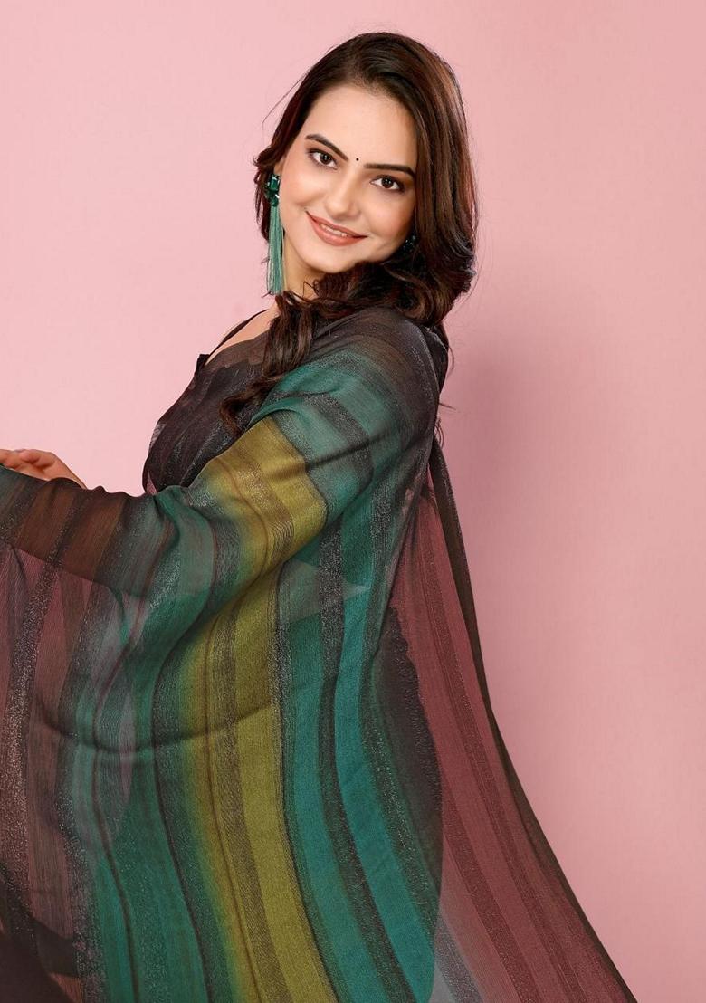 Brown Machine Embroidered Nylon Saree Set