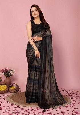 Black Machine Embroidered Nylon Saree Set