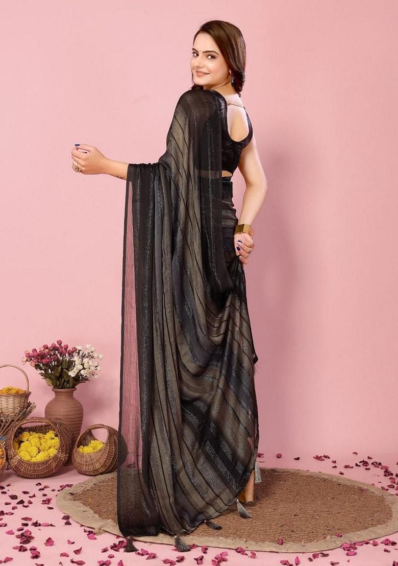 Black Machine Embroidered Nylon Saree Set