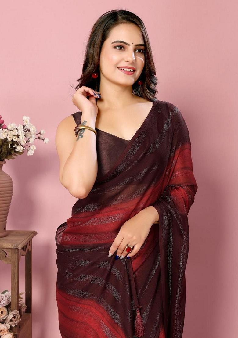 Brown Machine Embroidered Nylon Saree Set