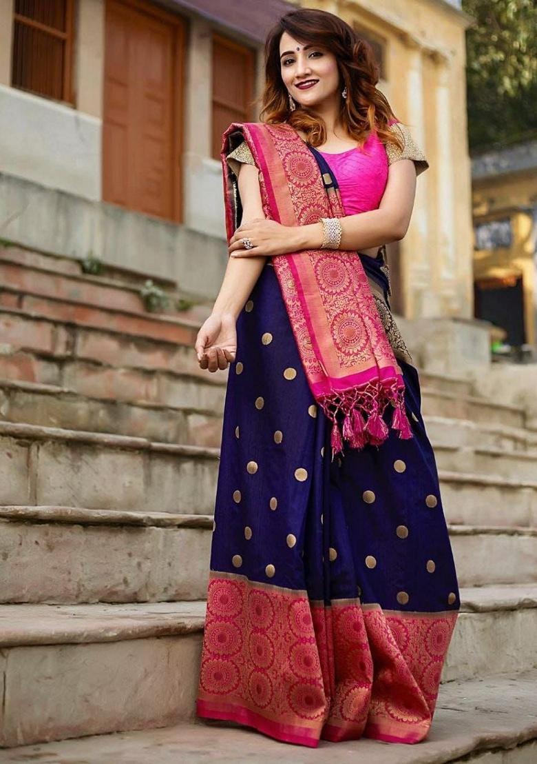 Blue Machine Embroidered Lichi Silk Saree Set