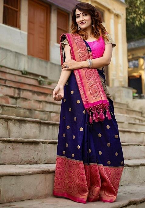 Blue Machine Embroidered Lichi Silk Saree Set