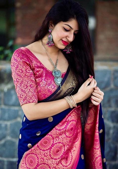 Blue Machine Embroidered Lichi Silk Saree Set