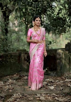 Pink Machine Embroidered Lichi Silk Saree Set