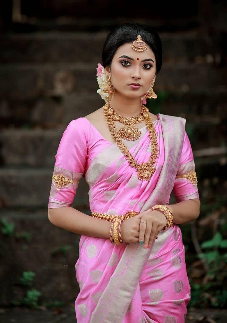 Pink Machine Embroidered Lichi Silk Saree Set