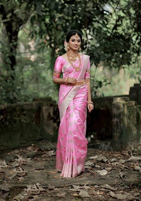 Pink Machine Embroidered Lichi Silk Saree Set