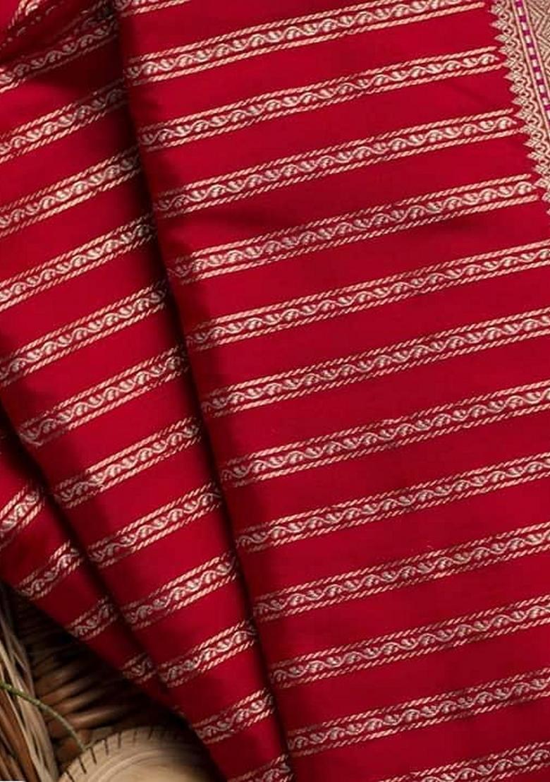Red Machine Embroidered Lichi Silk Saree Set