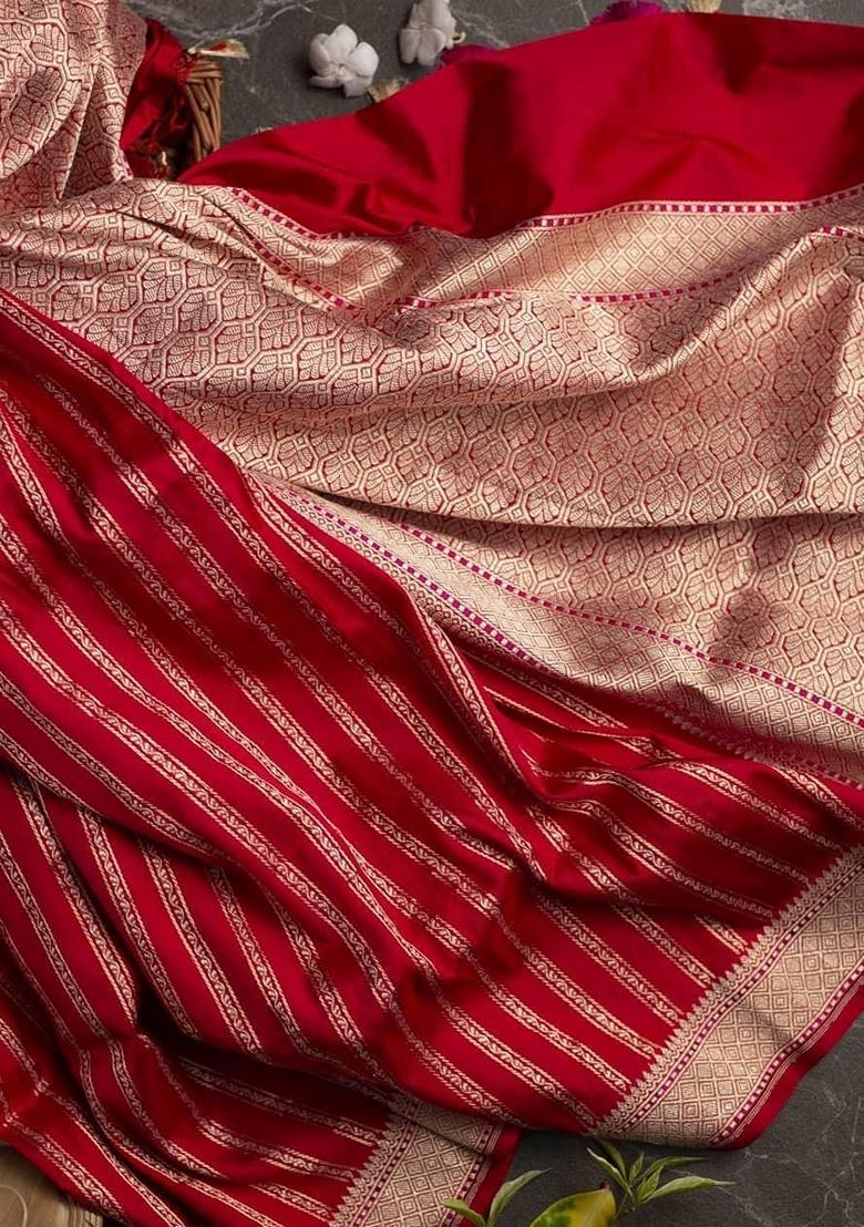 Red Machine Embroidered Lichi Silk Saree Set