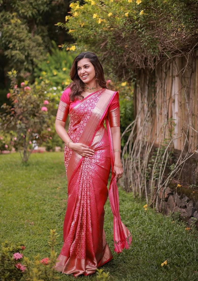 Pink Machine Embroidered Lichi Silk Saree Set