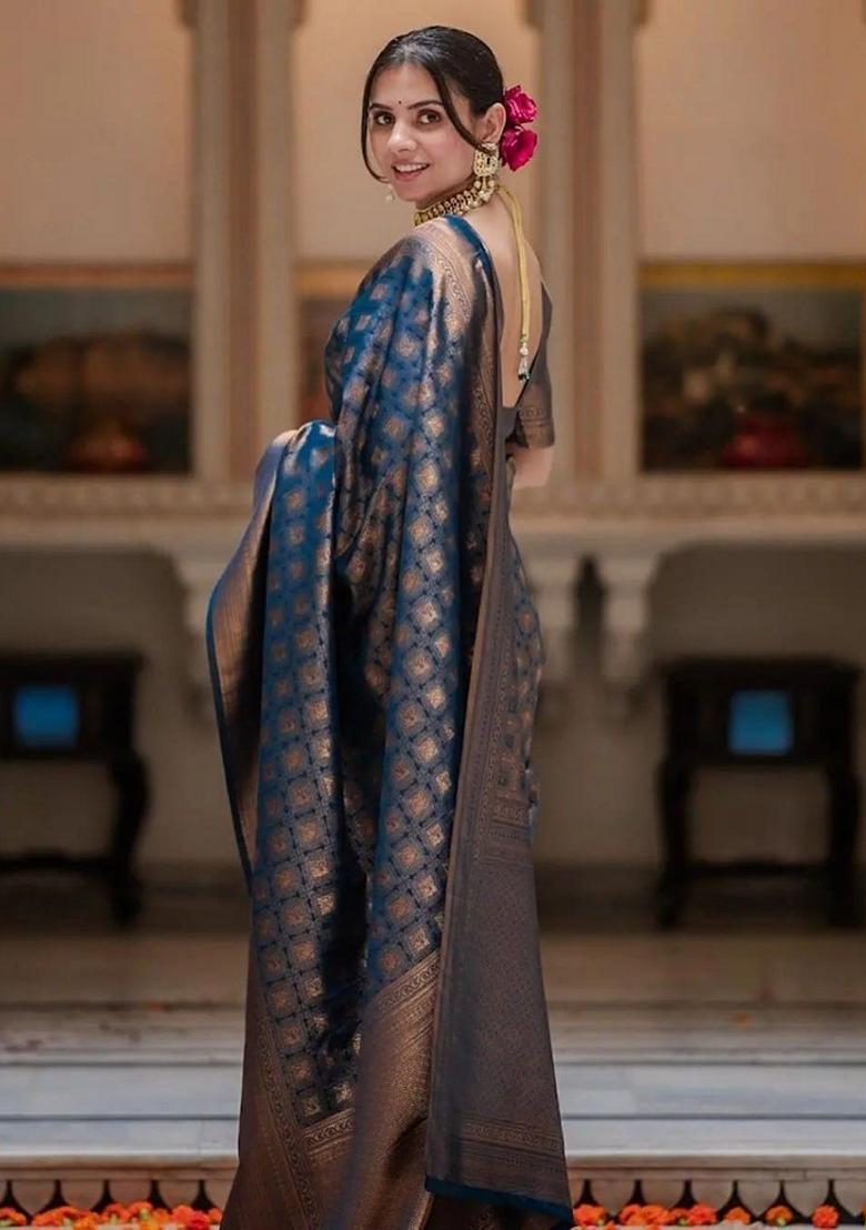 Blue Machine Embroidered Lichi Silk Saree Set