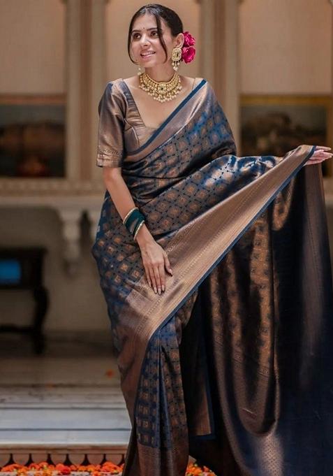 Blue Machine Embroidered Lichi Silk Saree Set