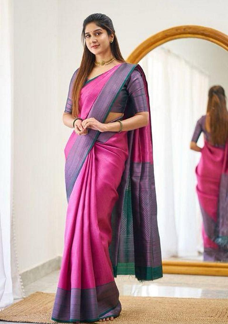 Pink Machine Embroidered Lichi Silk Saree Set