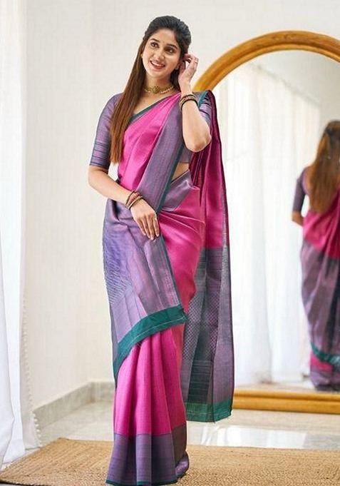 Pink Machine Embroidered Lichi Silk Saree Set