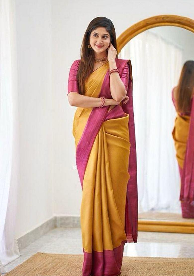 Mustard Yellow Machine Embroidered Lichi Silk Saree Set