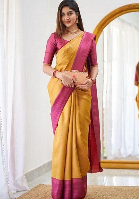 Mustard Yellow Machine Embroidered Lichi Silk Saree Set