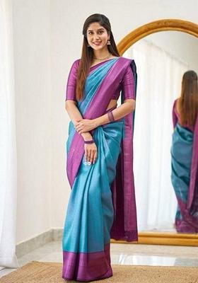 Blue Machine Embroidered Lichi Silk Saree Set