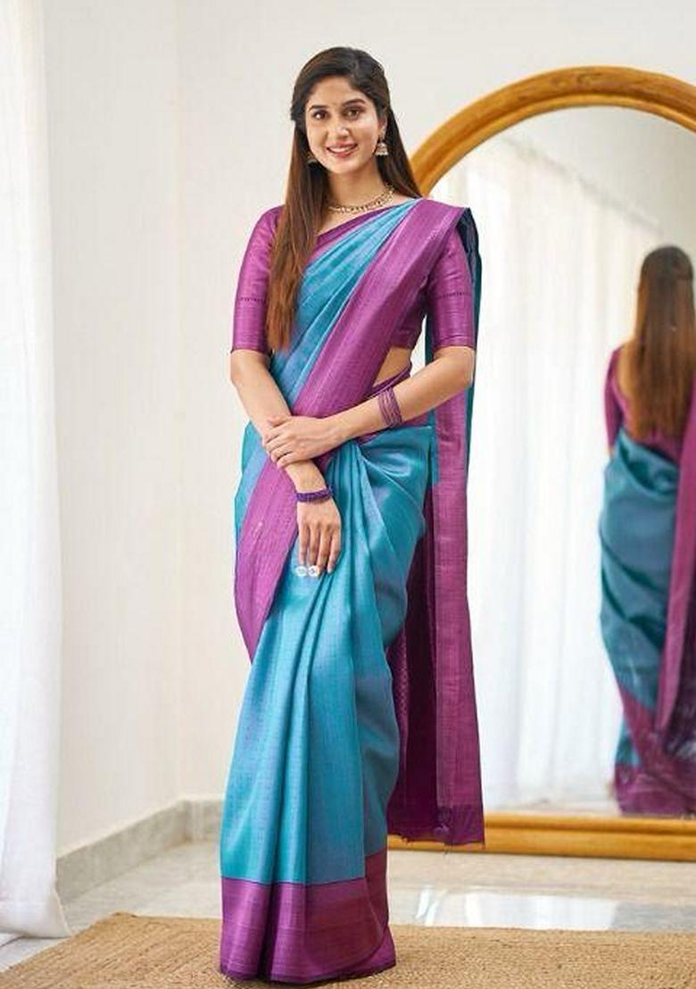 Blue Machine Embroidered Lichi Silk Saree Set