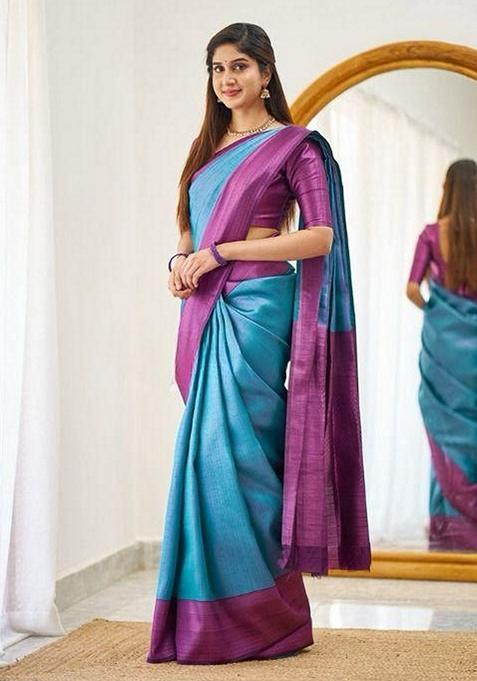 Blue Machine Embroidered Lichi Silk Saree Set