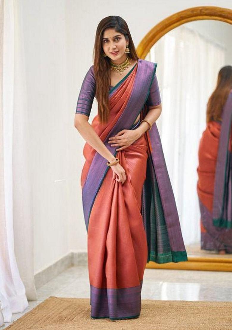 Orange Machine Embroidered Lichi Silk Saree Set