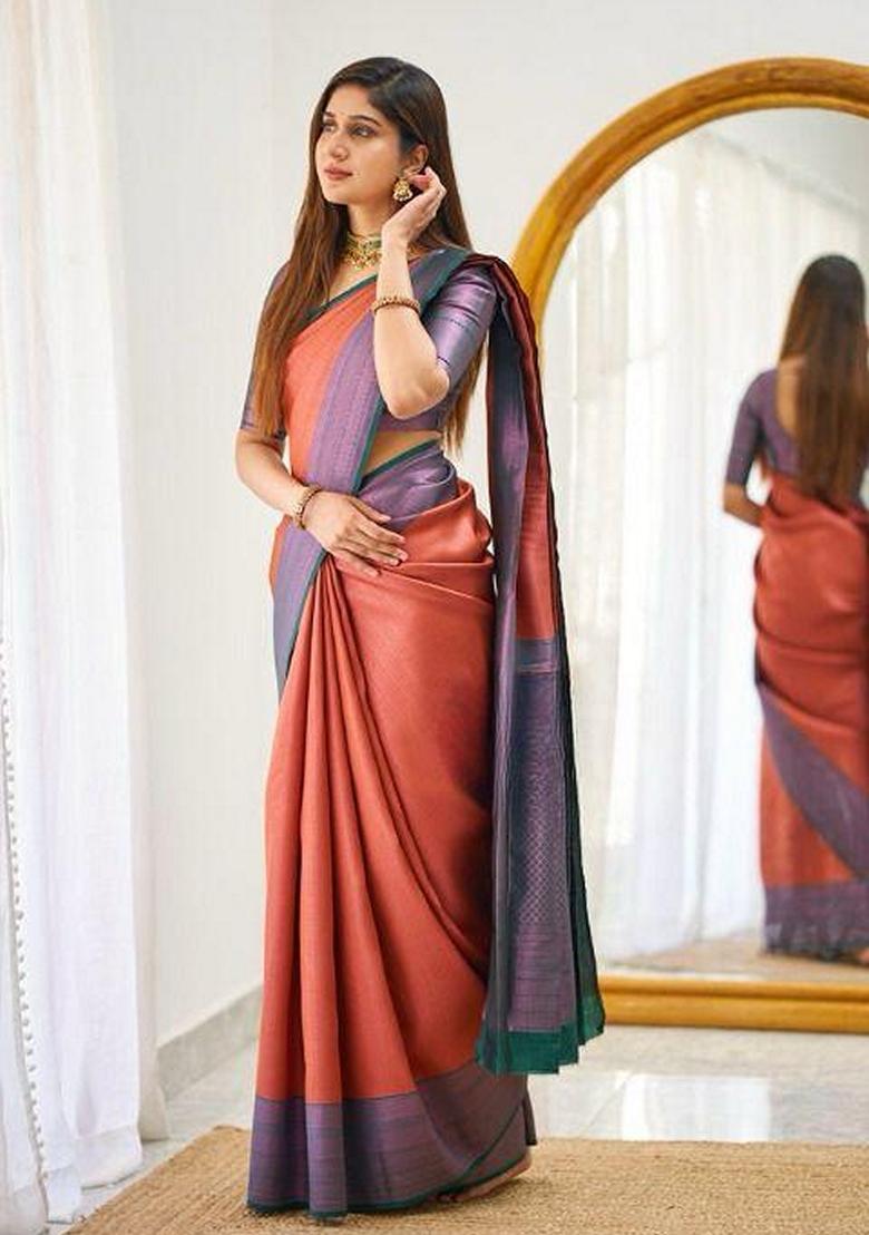 Orange Machine Embroidered Lichi Silk Saree Set