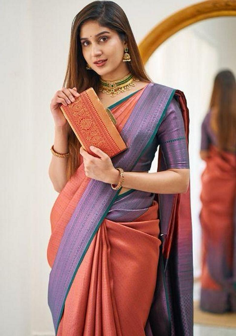 Orange Machine Embroidered Lichi Silk Saree Set