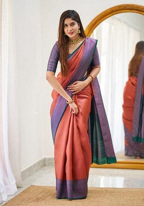 Orange Machine Embroidered Lichi Silk Saree Set