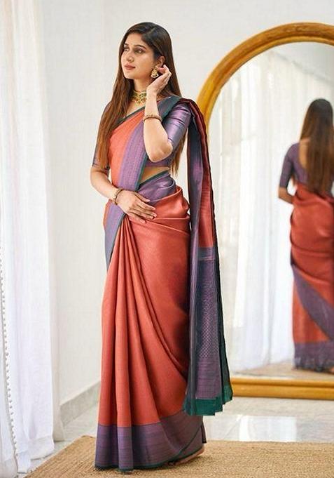 Orange Machine Embroidered Lichi Silk Saree Set