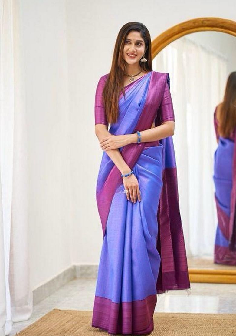 Blue Machine Embroidered Lichi Silk Saree Set