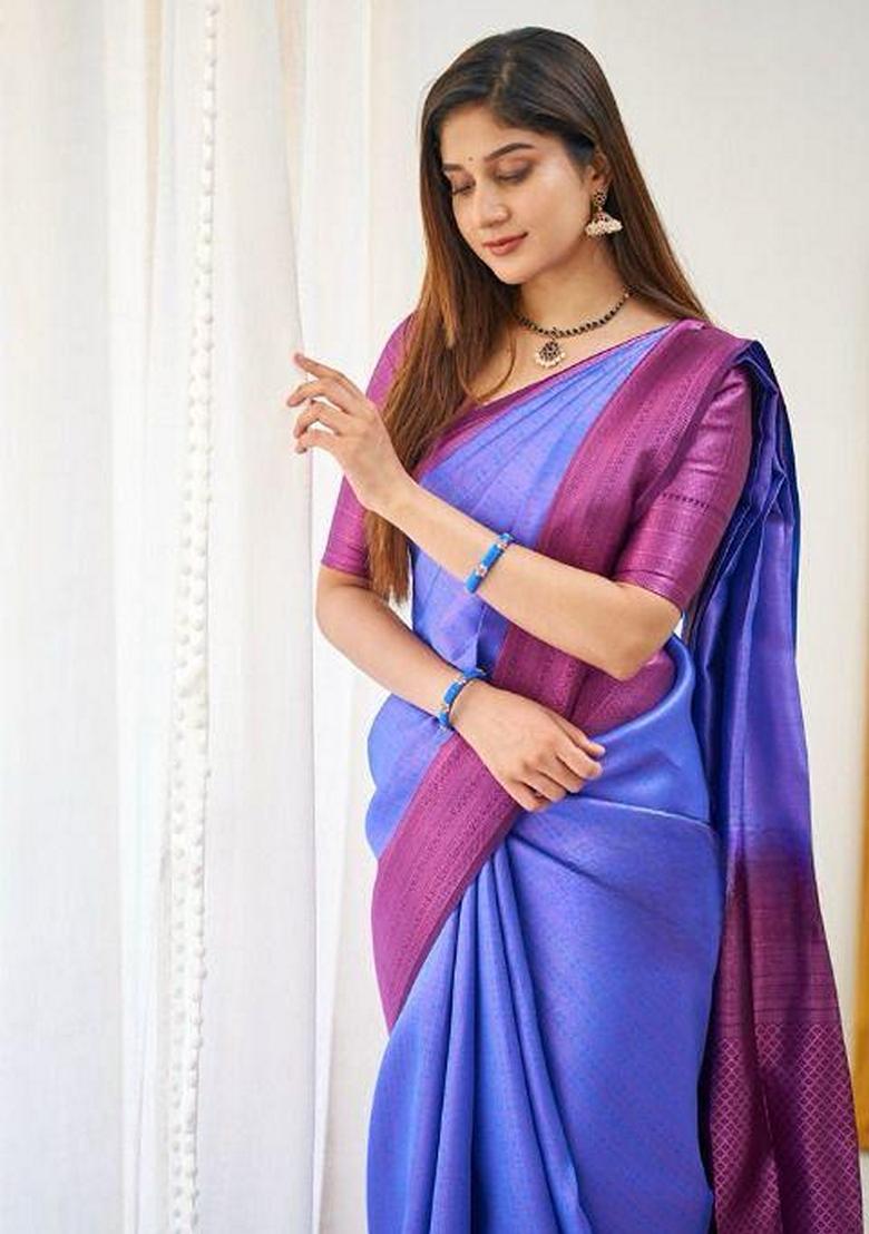 Blue Machine Embroidered Lichi Silk Saree Set