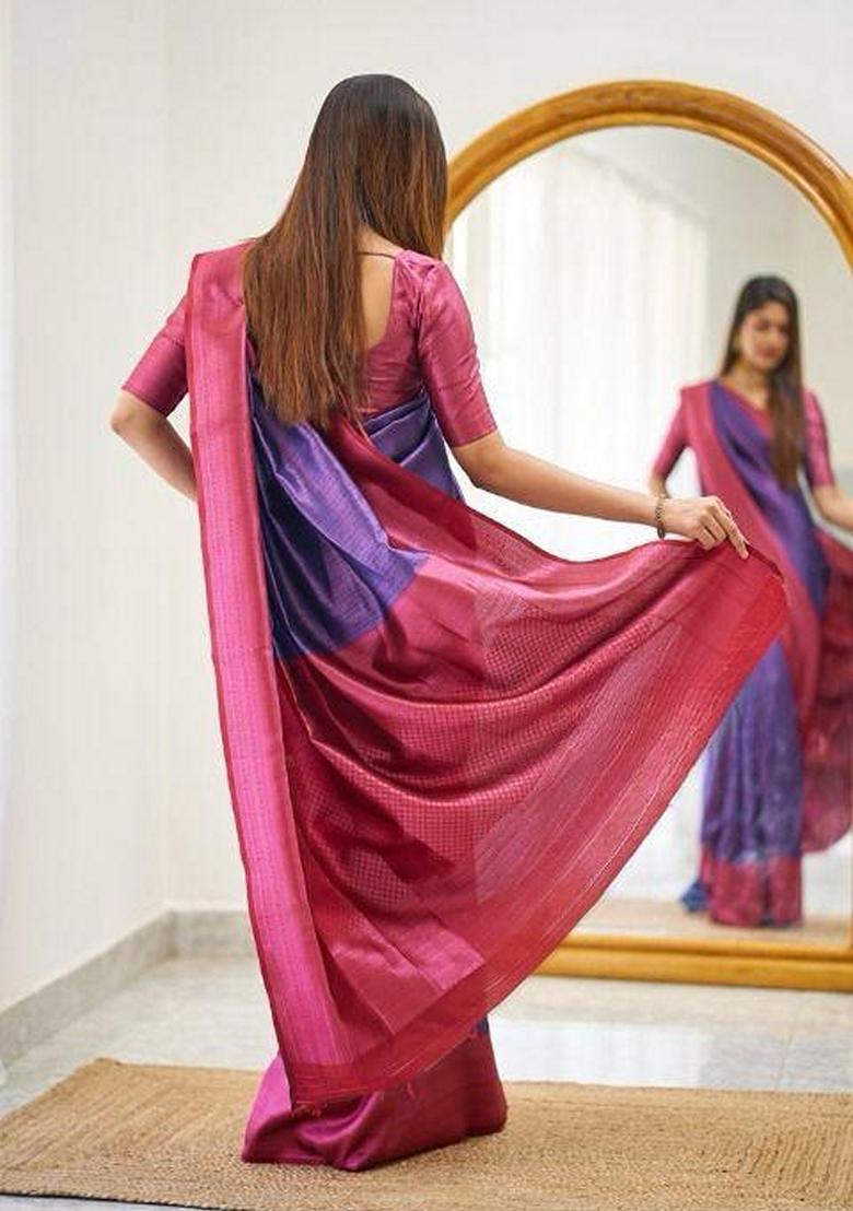 Purple Machine Embroidered Lichi Silk Saree Set