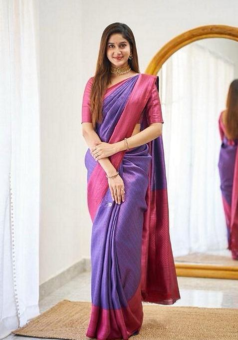 Purple Machine Embroidered Lichi Silk Saree Set