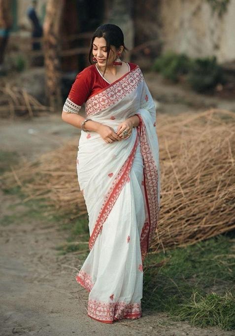 White Machine Embroidered Lichi Silk Saree Set