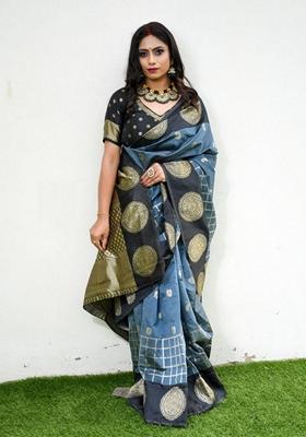 Blue Machine Embroidered Lichi Silk Saree Set