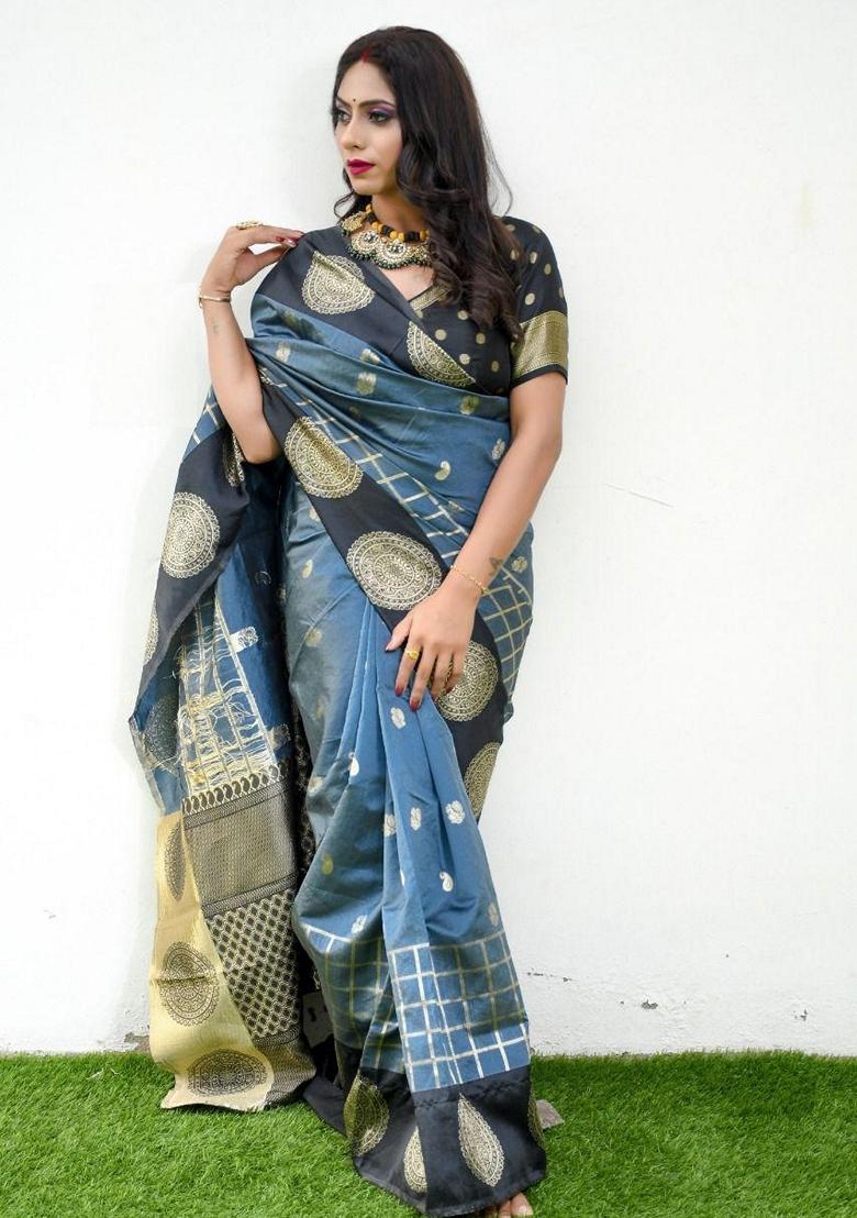 Blue Machine Embroidered Lichi Silk Saree Set