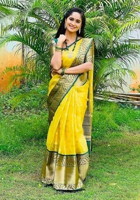 Yellow Machine Embroidered Lichi Silk Saree Set