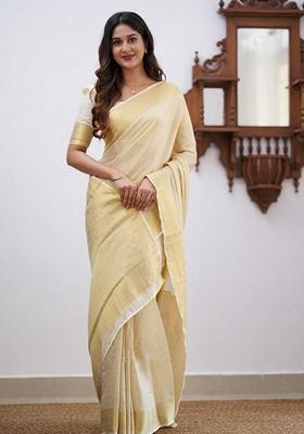 Cream Machine Embroidered Lichi Silk Saree Set