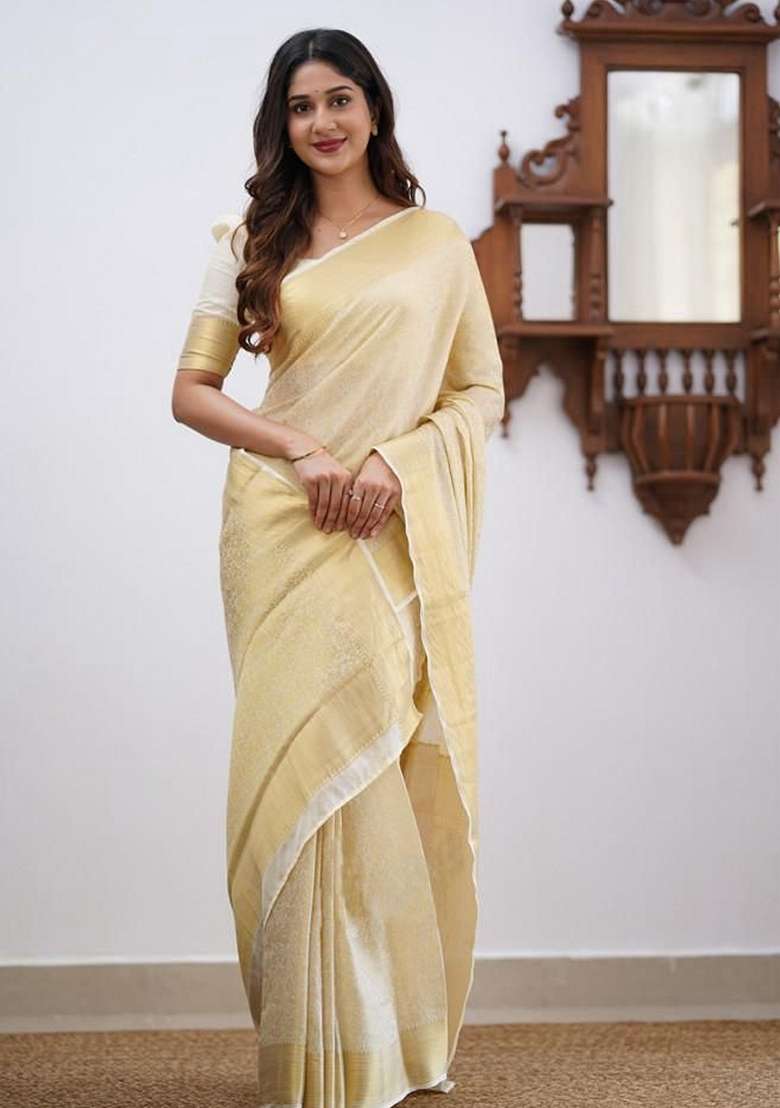 Cream Machine Lichi Silk Blend Saree Set with Embroidered for Diwali | Wedding & Festive Wear - Indya