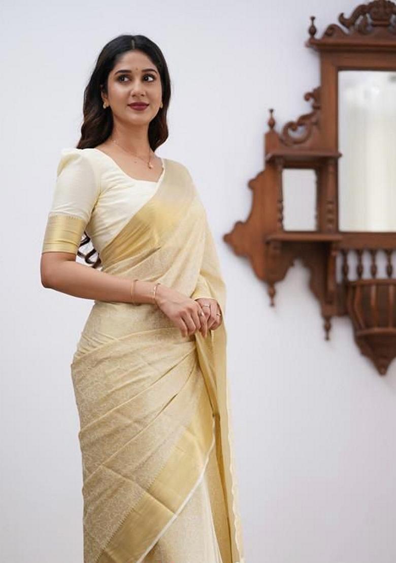 Cream Machine Embroidered Lichi Silk Saree Set