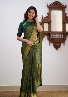 Teal Blue Machine Embroidered Lichi Silk Saree Set