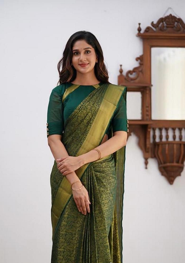 Teal Blue Machine Embroidered Lichi Silk Saree Set