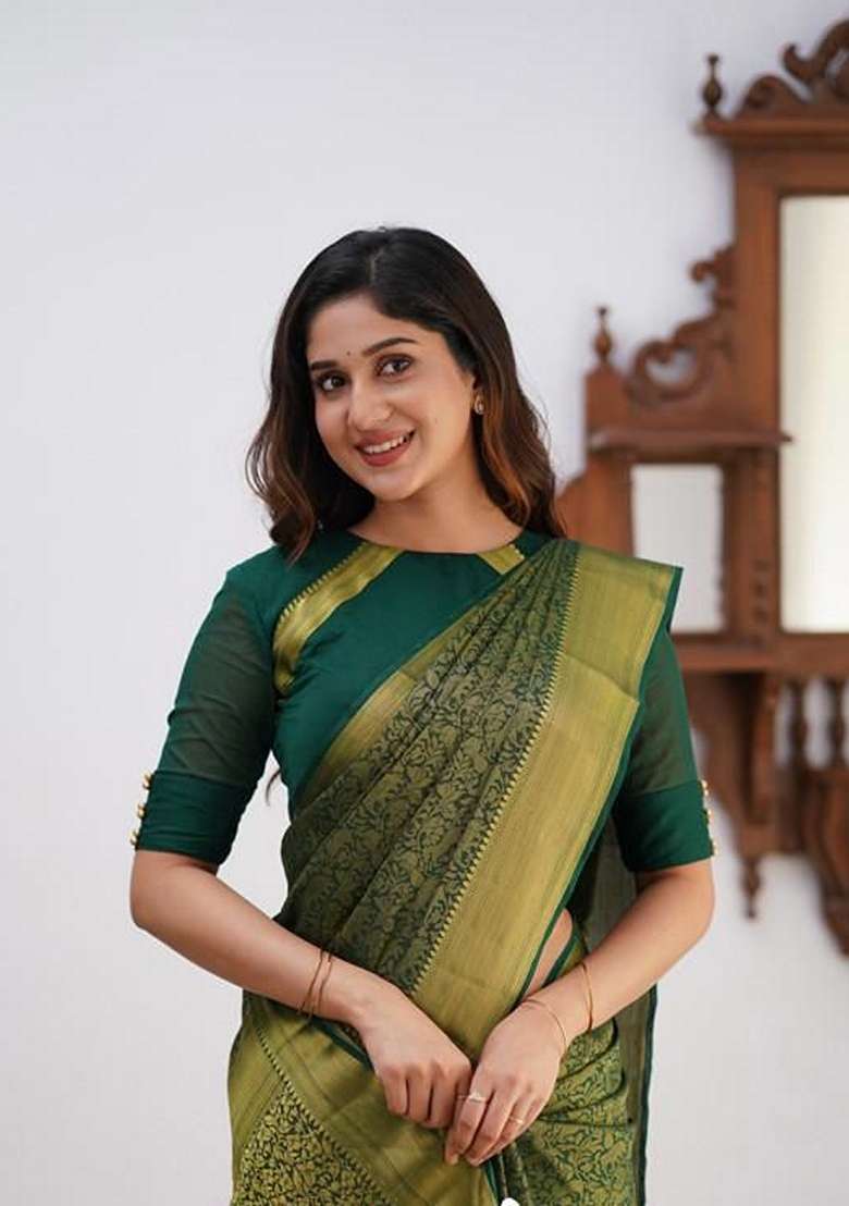 Teal Blue Machine Embroidered Lichi Silk Blend Saree Set for Diwali and Festive Wear - Indya