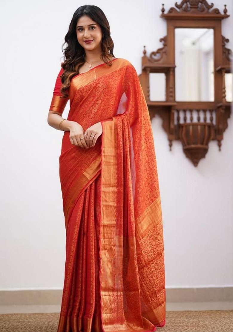 Orange Machine Lichi Silk Blend Saree Set with Embroidered for Diwali | Wedding & Festive Wear - Indya