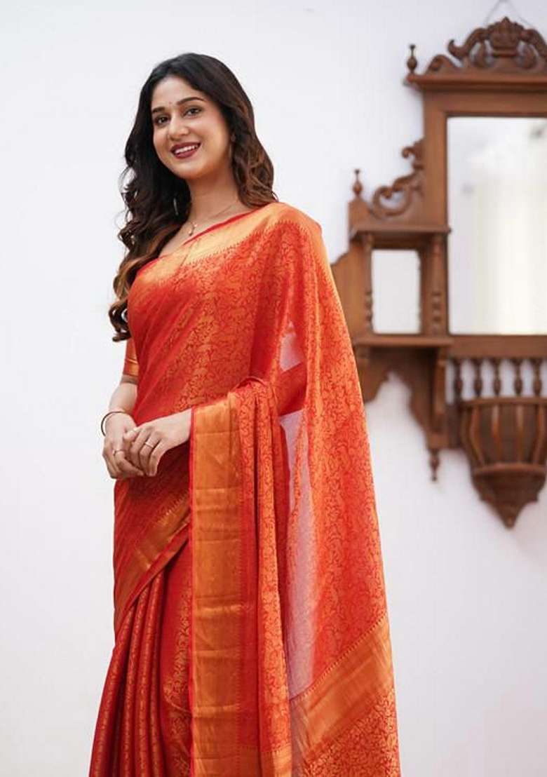 Orange Machine Lichi Silk Blend Saree Set with Embroidered for Diwali | Wedding & Festive Wear - Indya