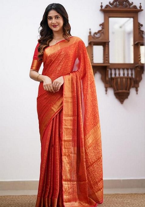Orange Machine Embroidered Lichi Silk Saree Set