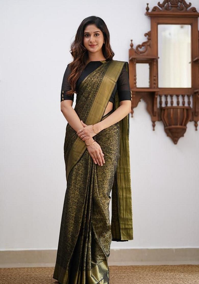 Black Machine Embroidered Lichi Silk Saree Set