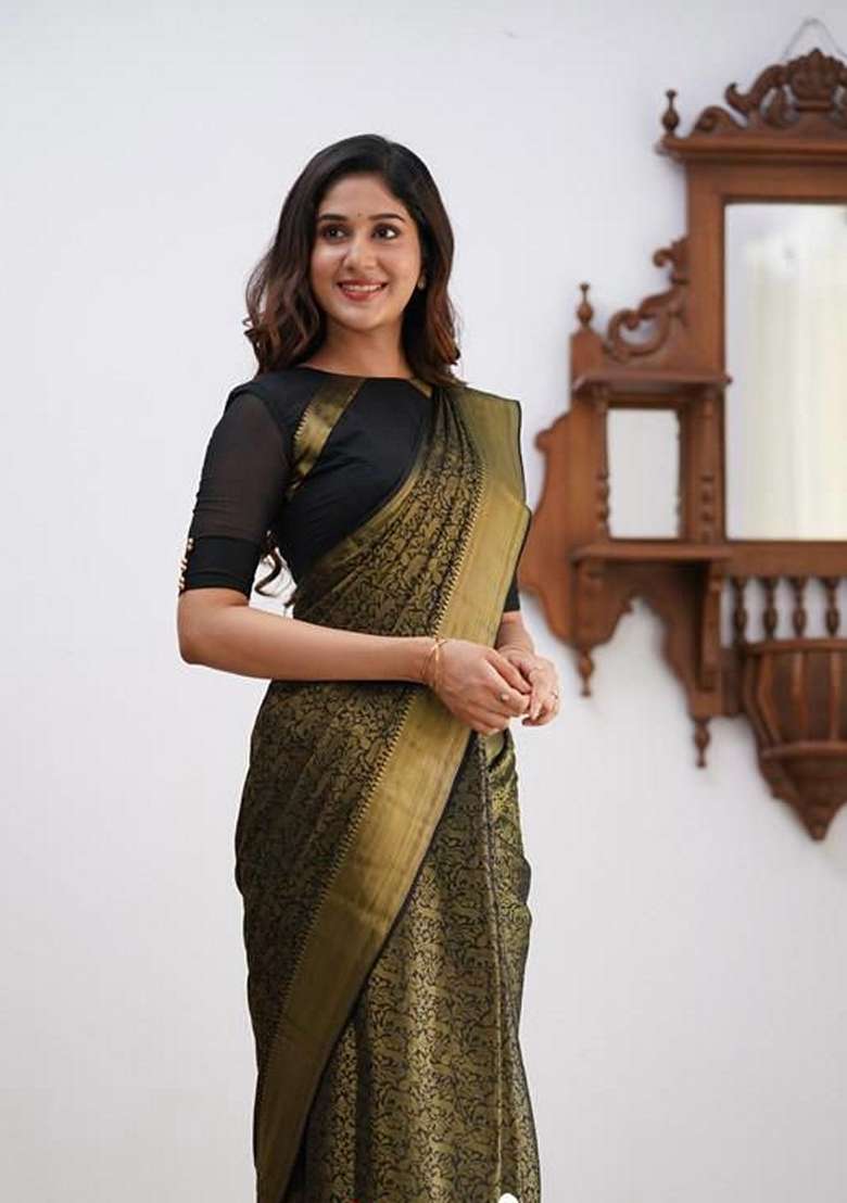 Black Machine Lichi Silk Blend Saree Set with Embroidered for Diwali | Wedding & Festive Wear - Indya
